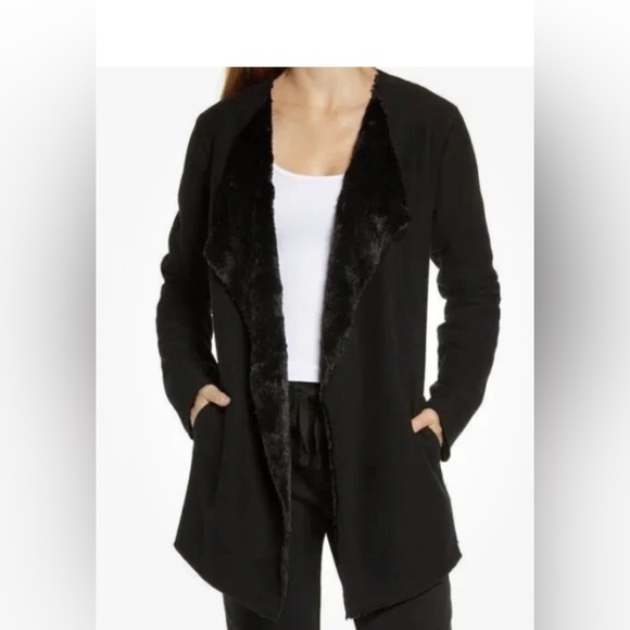 UGG Jackets & Blazers - UGG Abriana Black Fleece Faux Fur Lined Shawl Cardigan Size Medium Women​​